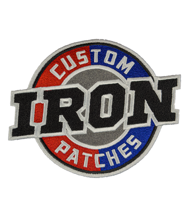 Custom embroidered patch with bold text and vibrant colors for branding.