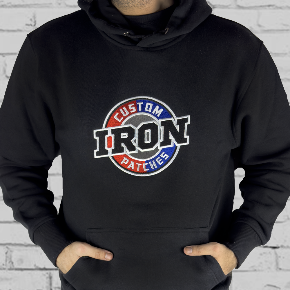 Premium Black Hoodie with Custom Iron Patch Logo for a Personalized Look.
