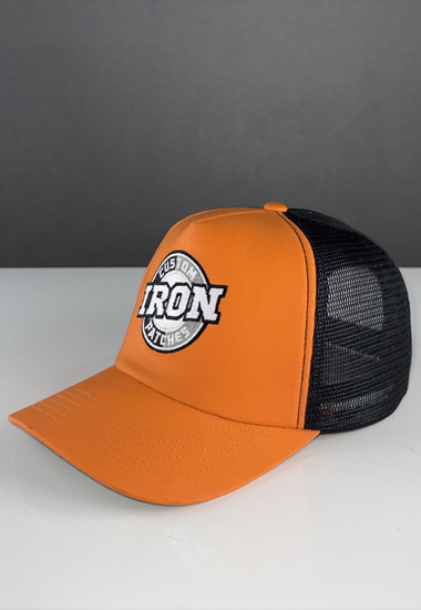 Bold Orange and Gray Trucker Hat with Custom Iron Patch Logo.