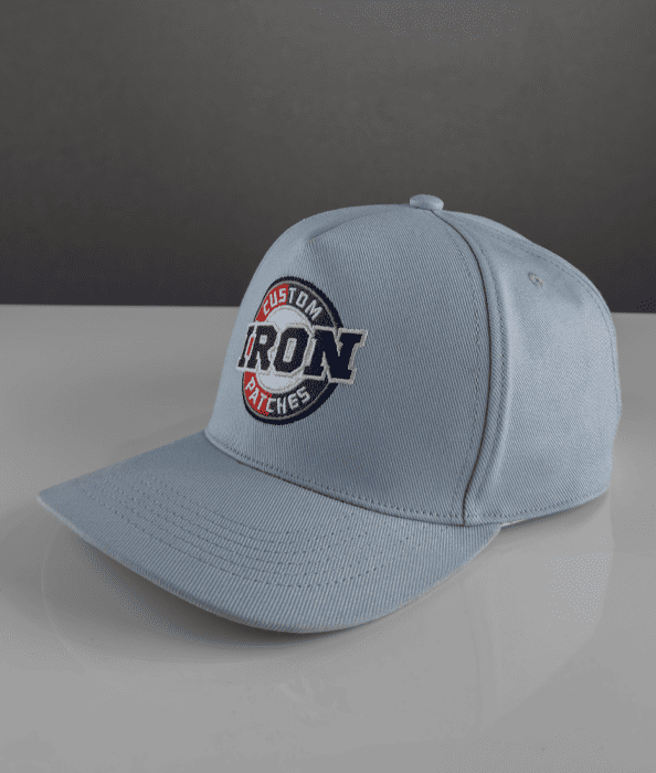 Custom 5-panel curved hat with stylish embroidery patches.