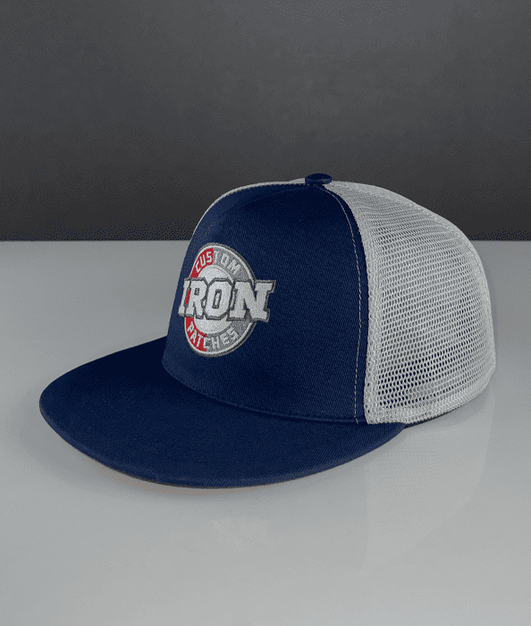 Classic 6-panel blue trucker hat with custom embroidery.