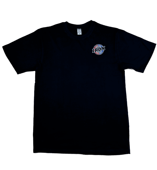 Black crew neck t-shirt with a custom logo printed on the front.