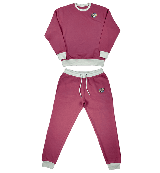 Maroon sweatsuit with white accents and custom embroidered details.