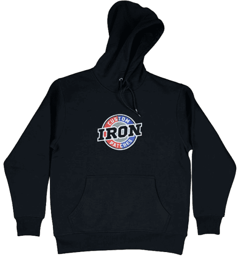 Black pullover hoodie with a custom embroidered logo on the chest.