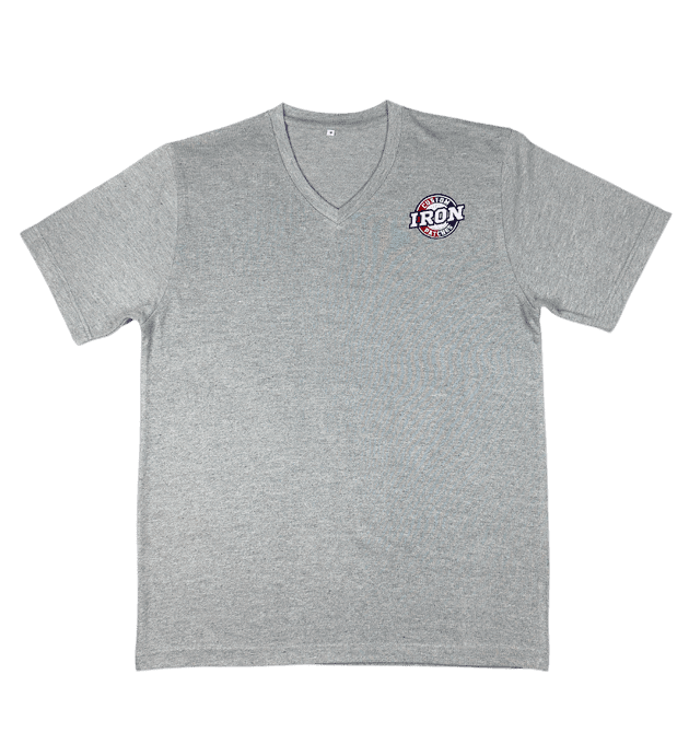 Grey V-neck t-shirt with a modern fit and custom branding.