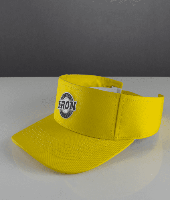 Custom yellow visor hat with embroidered logo.