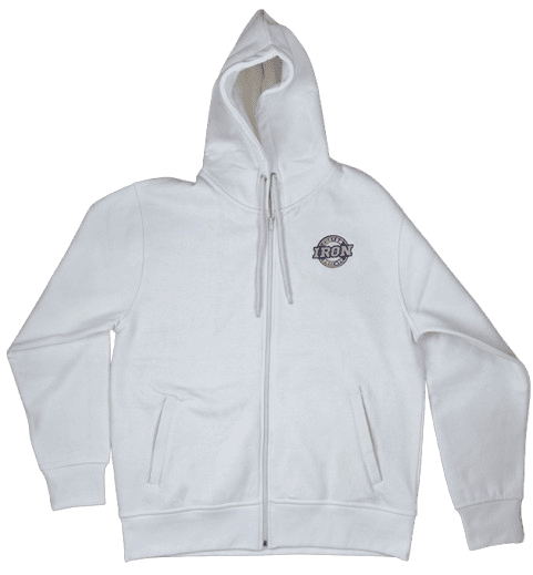 White zip-up hoodie featuring a custom embroidered patch.